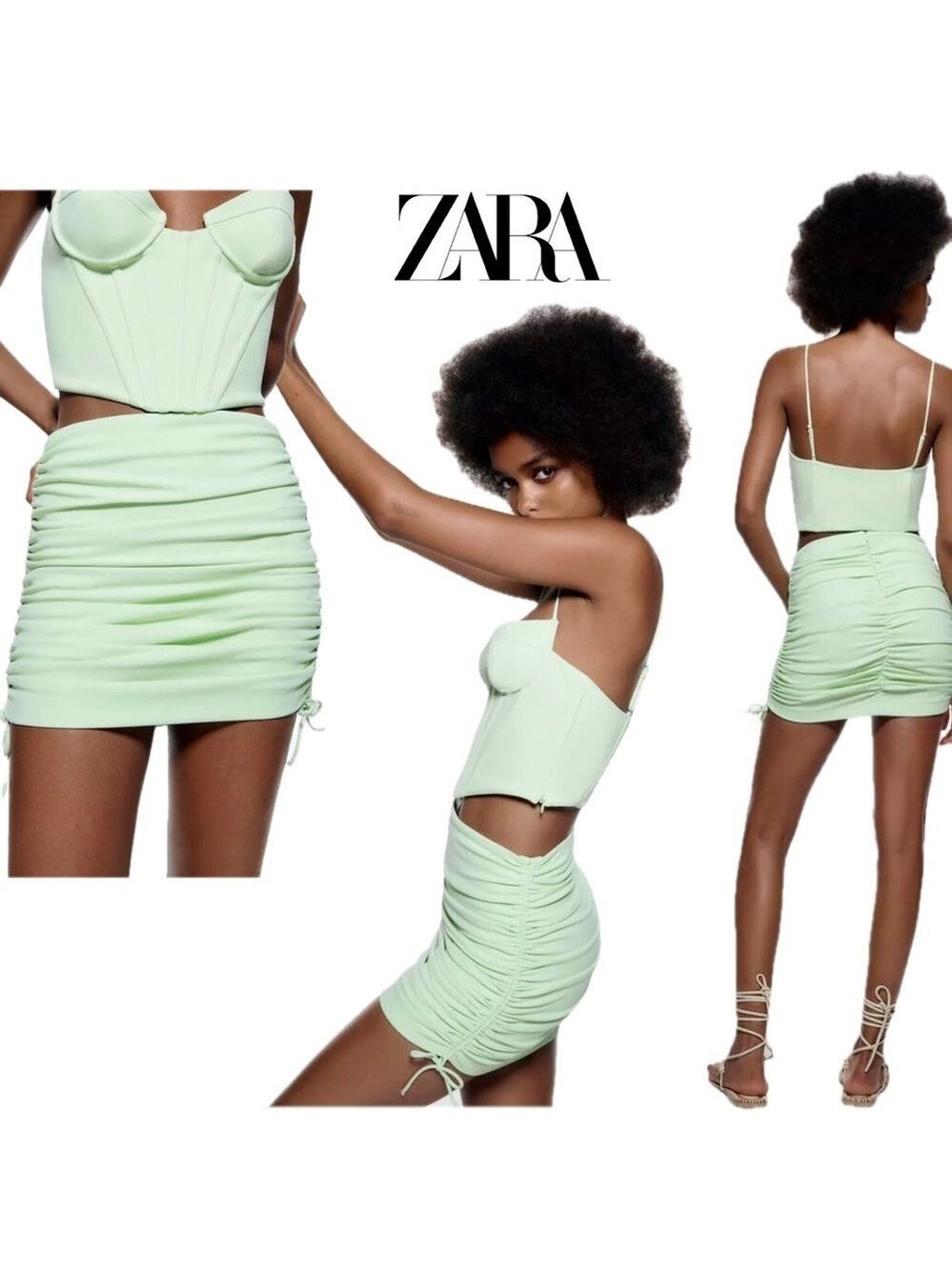 Zara light pastel mint green ruched gathered mini skirt side ties Sz M NWOT